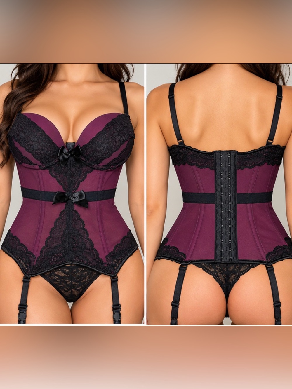 💜 Plum & Black Lace Corset Bustier with Garters – Size M